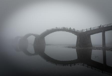 The Kintai Bridge in the fog #Water mirror