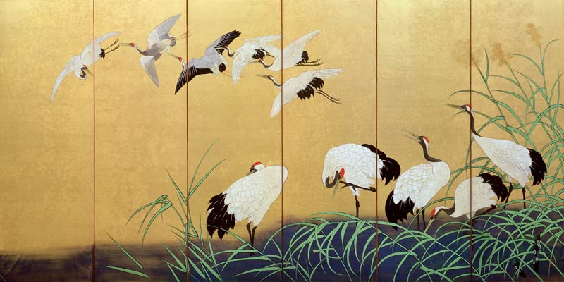 Six-Fold Screen Depicting Reeds and Cranes, Edo period, Japanese, 19th century from Suzuki Kiitsu