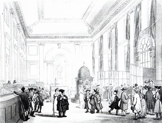 Bank of England, Great Hall, from Ackermann''s ''Microcosm of London'' from T.(1756-1827) Rowlandson