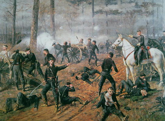 Captain Hickenlooper's battery in the Hornet's Nest at the Battle of Shiloh, April 1862 (colour lith from T. C. Lindsay