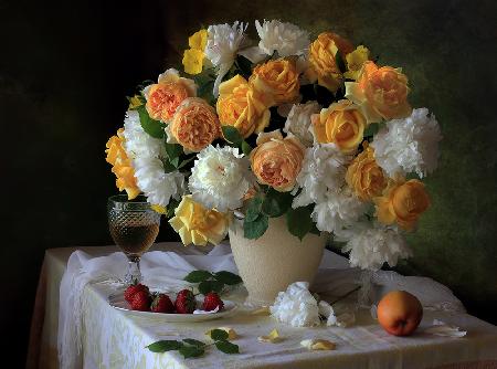 Still life with a bouquet of roses and peonies
