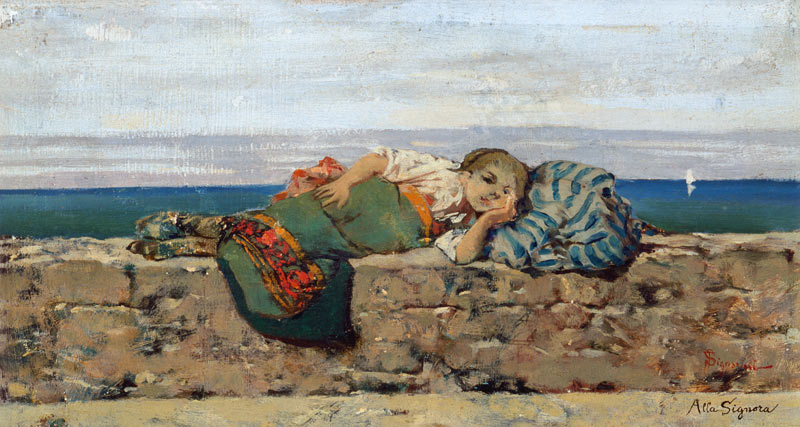 Peasant girl lying on a parapet from Telemaco Signorini