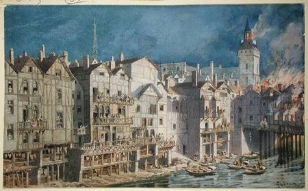 Fire at the Pont aux Meuniers in 1621 (pen & ink and w/c on paper) from Theodor Josef Hubert Hoffbauer