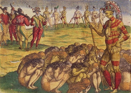 Capture of the Aztecs the Spanish Colonists, book illustration, c.1550 from Theodore de Bry