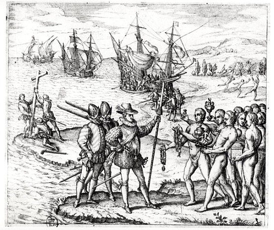 Christopher Columbus (1451-1506) receiving gifts from the cacique, Guacanagari, in Hispaniola (Haiti from Theodore de Bry