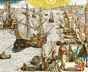 Departure from Lisbon for Brazil, the East Indies and America, illustration from ''Americae Tertia P