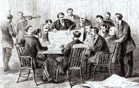 Cubans and Cuban emigres meeting in New York to plan an insurrection in Cuba (engraving) (b/w photo)