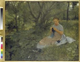Knitting girl in the greenery