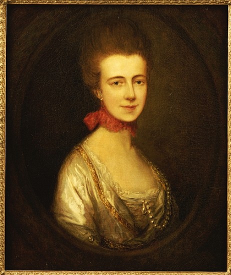 Portrait of Miss Boone, wearing a white dress with gold embroidery and pearl chain, a red ribbon aro from Thomas Gainsborough