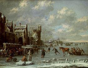 Ice-skater on a channel in front of a city wall