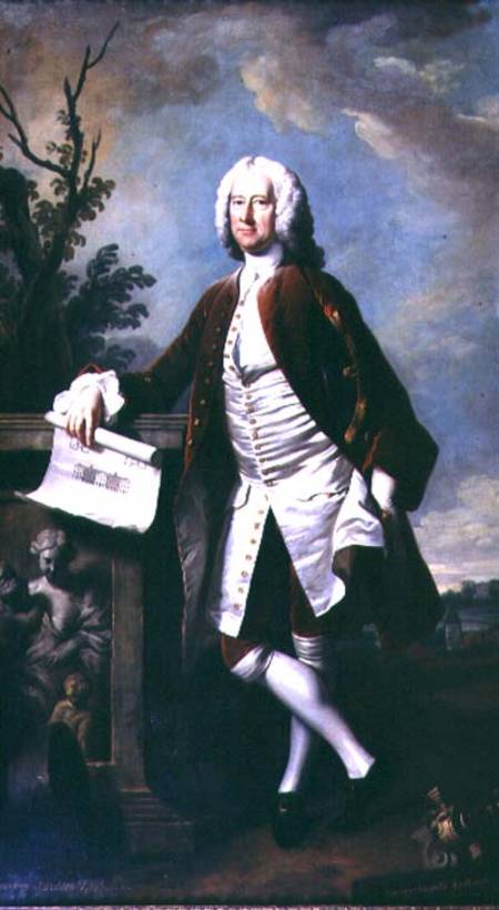 Portrait of Theodore Jacobsen, architect of the Foundling Hospital, shown holding a drawing of the W from Thomas Hudson