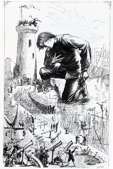 Gulliver kneels before the Lilliputians after stealing the Blefuscudian fleet, illustration from ''G from Thomas Morten