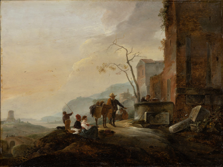 Italian Landscape with Figures at a Fountain among Antique Ruins from Thomas Wijck
