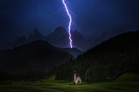 Lightning over Val di Funes Dolomites