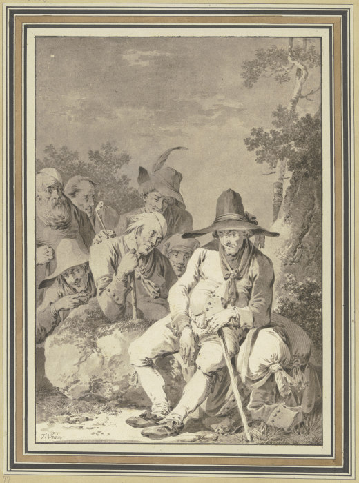 Sitzender Bauer mit großem Hut, bei seinem Gepäck rastend, und sechs Begleiter from Tiberius Dominikus Wocher