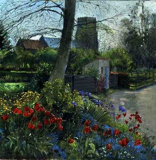 Red Tulips and Bedfield Church (oil on canvas)  from Timothy  Easton