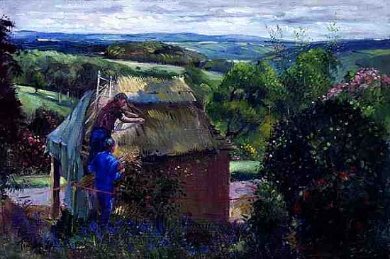 Thatching the Summer House, Lanhydrock House, Cornwall, 1993 (oil on canvas)  from Timothy  Easton