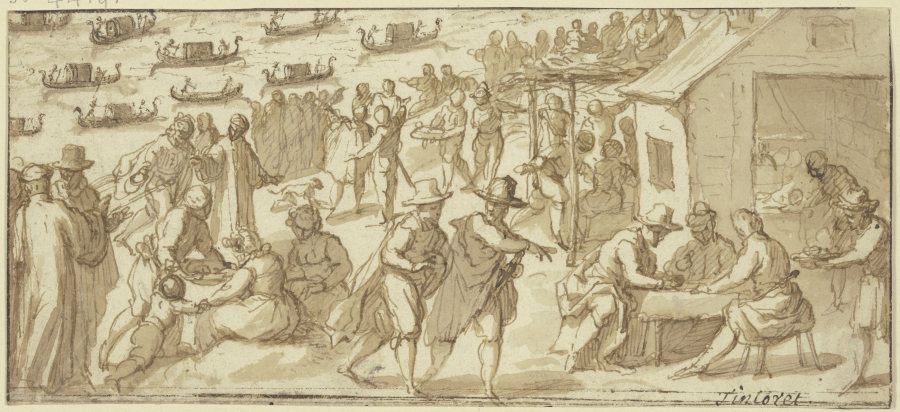 Volksszene am Ufer eines venezianischen Kanals mit Gondeln from Tintoretto