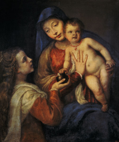 Madonna with child and Maria Magdalena. from Tizian (aka Tiziano Vercellio)