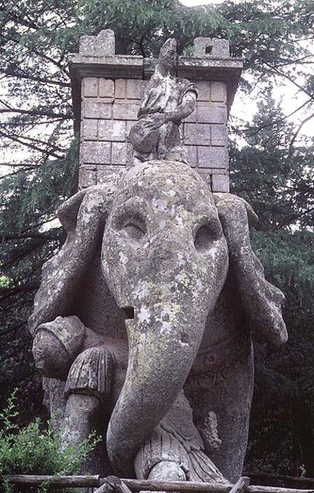 One of Hannibal's elephants, stone sculpture in the Parco dei Mostri (Monster Park) gardens laid out from to designs sy Giacomo Barozzi da Vignola the Duke of Orsini