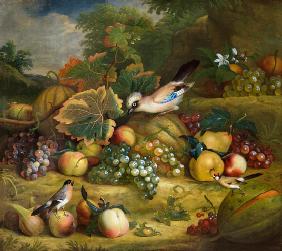 Fruit still life with jay and finches in a landscape.