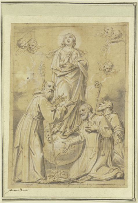 Maria Immakulata über der Schlange auf der Mondsichel und der Weltkugel stehend, von drei Jesuitenhe from Tommaso Bona