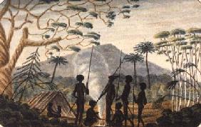 Group of aborigines around a campfire