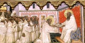 St. Benedict hands over the Rule of the New Order to the Monks of Monte Cassino (tempera on panel)