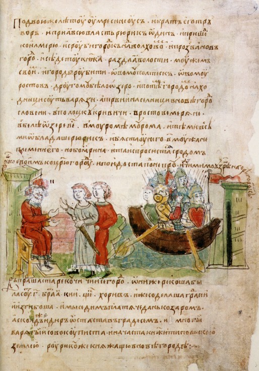 Askold and Dir asked by Rurik for a permission to go to Constantinople (from the Radziwill Chronicle from Unbekannter Künstler