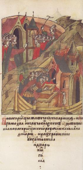 Novgorod veche. Novgorodians plunder the court of Posadnik. (From the Illuminated Compiled Chronicle