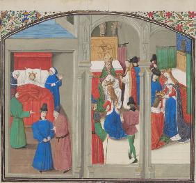 Death of Baldwin IV. Coronation of Guy of Lusignan. Miniature from the "Historia" by William of Tyre