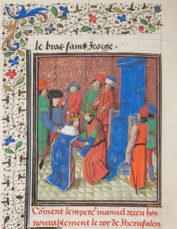 Emperor Manuel I Komnenos meets with king Amalric I of Jerusalem. Miniature from the "Historia" by W from Unbekannter Künstler