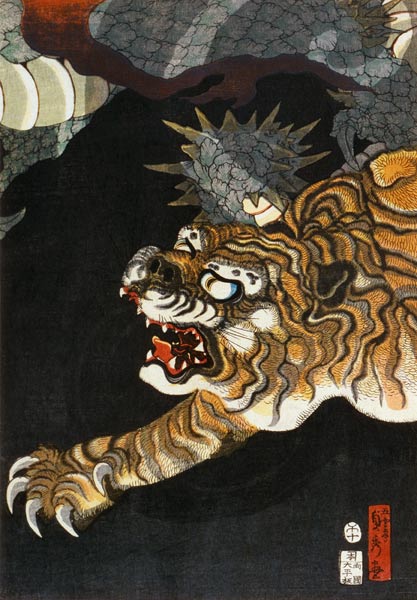 A dragon and two tigers - mitte from Utagawa Sadahide