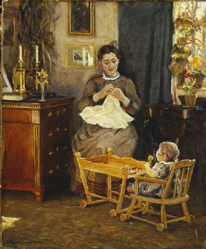 Interior with a mother doing needlework (the wife of the artist) from Viggo Pedersen