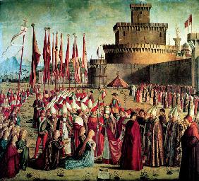 The Pilgrims are met by Pope Cyriacus in front of the Walls of Rome (The Legend of Saint Ursula)