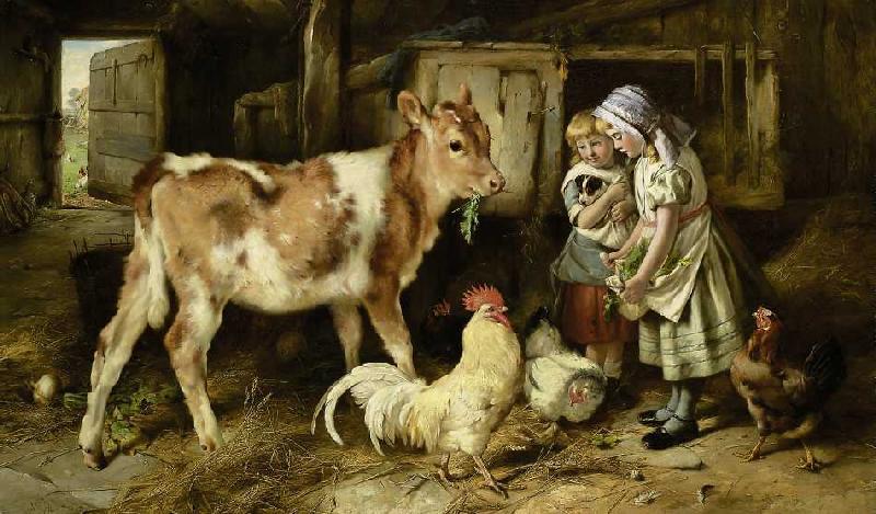 Children feed a calf and chickens from Walter Hunt