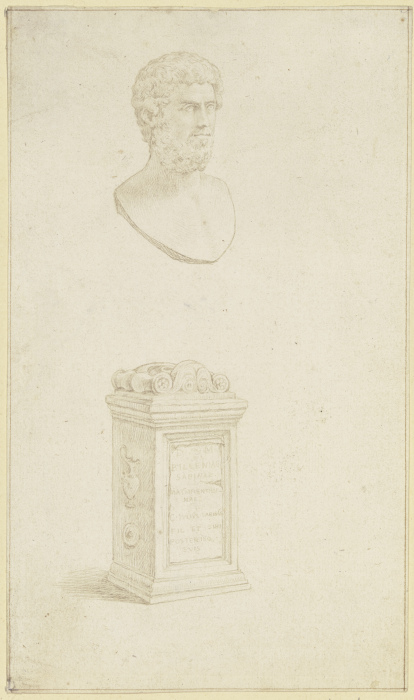 Studie nach einem bärtigen antiken Männerkopf, darunter ein Altar mit lateinischer Inschrift from Wenceslaus Hollar