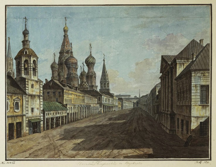 View of the Cathedral of St Basil the Blessed from Varvarka Street from Werkst. Alexejew