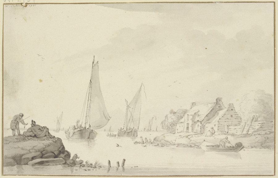 Marine, rechts am Ufer Bauernhäuser, links auf einem Felsen zwei Fischer from Wigerus Vitringa