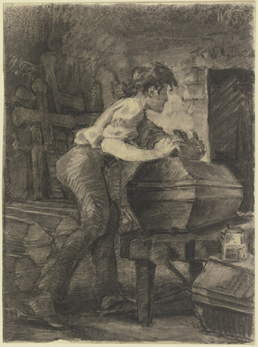 Ein junger Schreiner hobelt in der Werkstatt an einem Sarg from Wilhelm Trübner