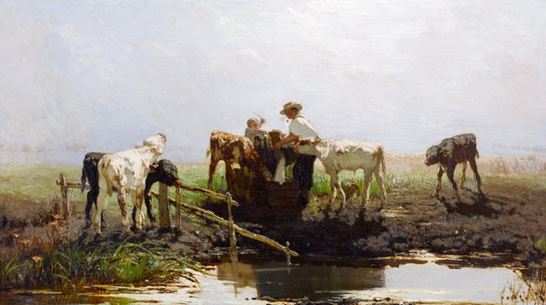 Calves at a trough from Willem Maris