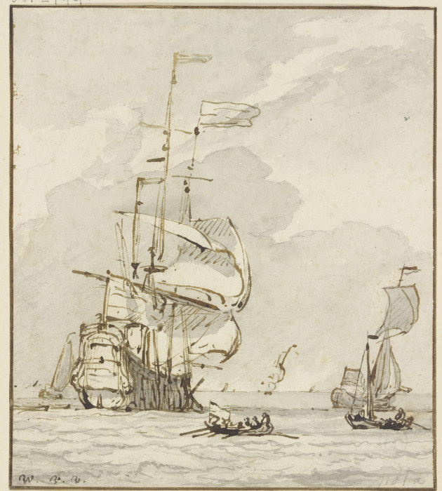 Großes Schiff von links nach hinten segelnd, vorne ein Ruderboot und mehrere andere Schiffe from Willem van de Velde d. J.