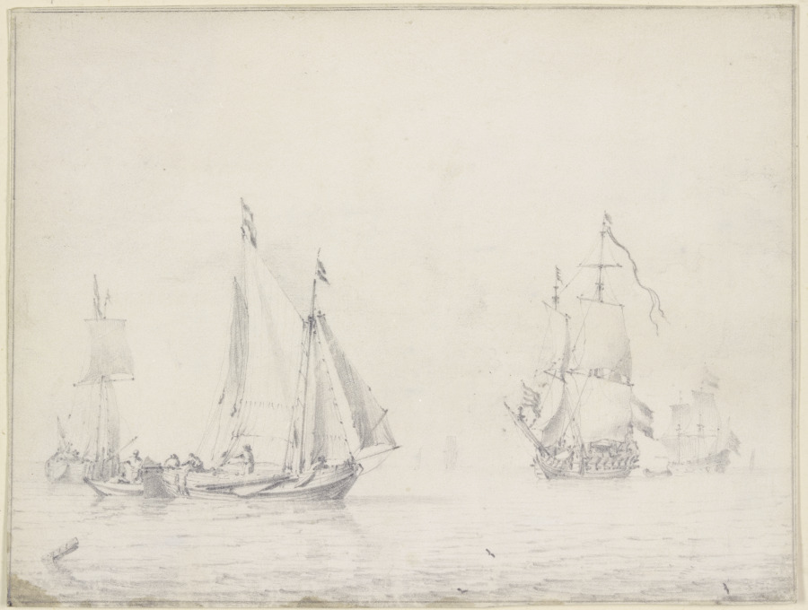 Links drei Barken, rechts zwei größere Schiffe unter vollen Segeln from Willem van de Velde d. J.