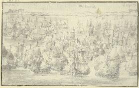 Seeschlacht, in der Ferne die englische Küste bei Dover, rechts zwei weitere Städte