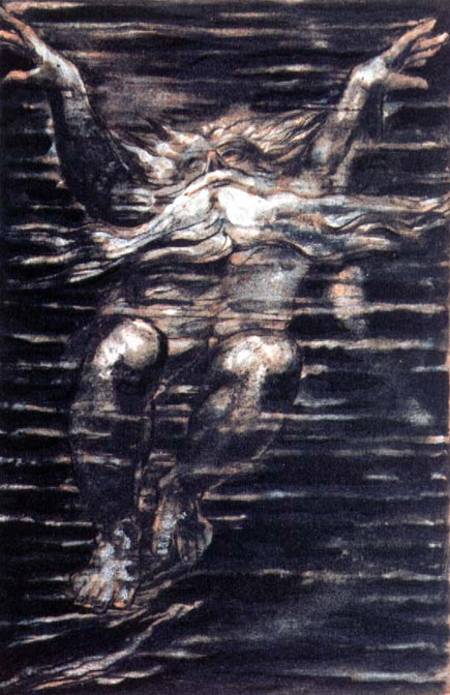 The First Book of Urizen; Bearded man swimming through water from William Blake