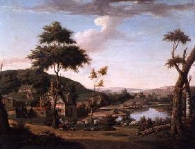 River landscape with Figures Outside a Cottage