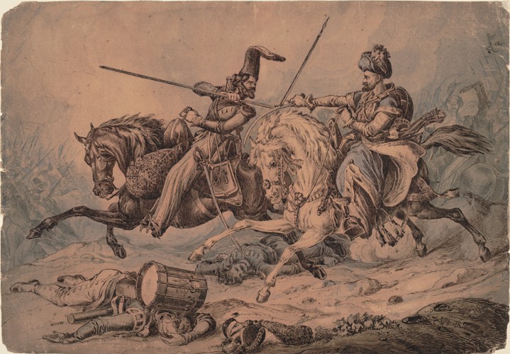 Russian Cossack in combat with a Mameluke from William Heath
