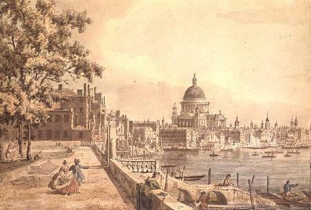 A copy of part of a drawing by Canaletto, of St. Paul's Cathedral from the Terrace of Somerset House from William James