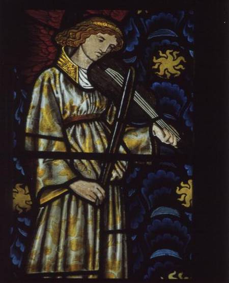 Angel with a violin, stained glass window designed from William  Morris