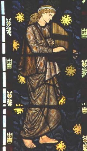 Angel with a portative organ, stained glass window designed